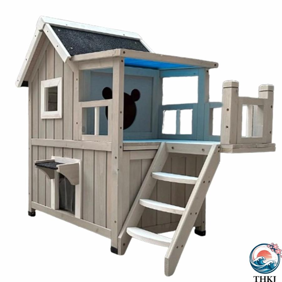 Rakuten - 猫 ハウス 屋外用 防水 階段付きキャットヴィラハウス キャットハウス 2階建て、ドアカーテン付き 猫の家 木製で耐候性