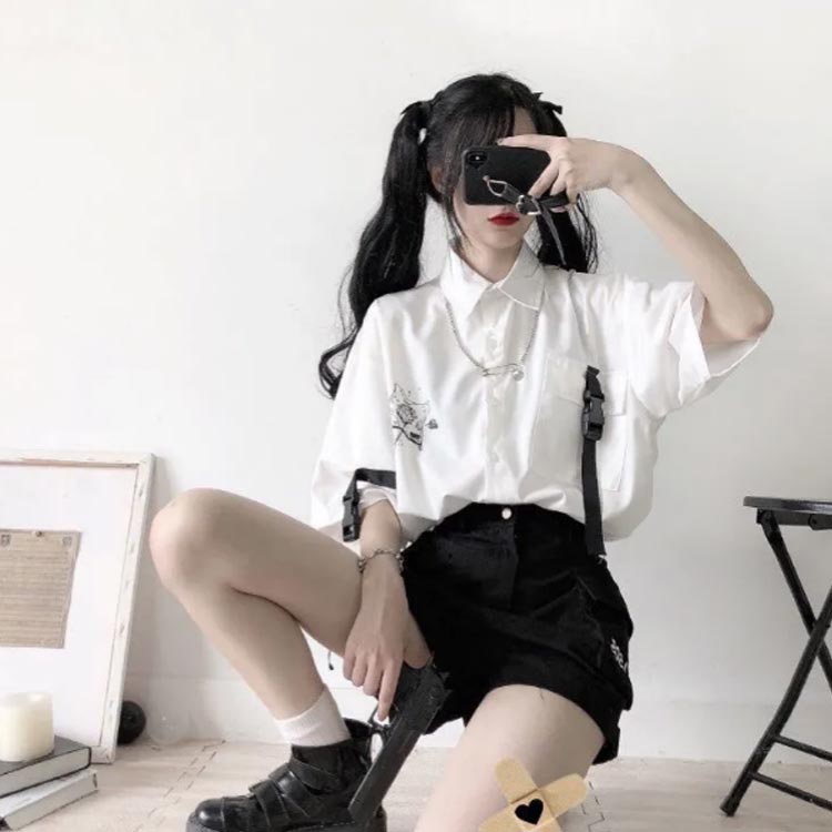 量産型 地雷系 女子 セットアップ レディース 2点セット 病み可愛い かわいい ゆったり トップス パンツ 薄手 シャツ 春 秋 夏 可愛い 通学 通勤 衣装 学生 中学生 高校生 原宿系 サブカル系 おしゃれ パンツ 女装 カジュアル ダンス 3