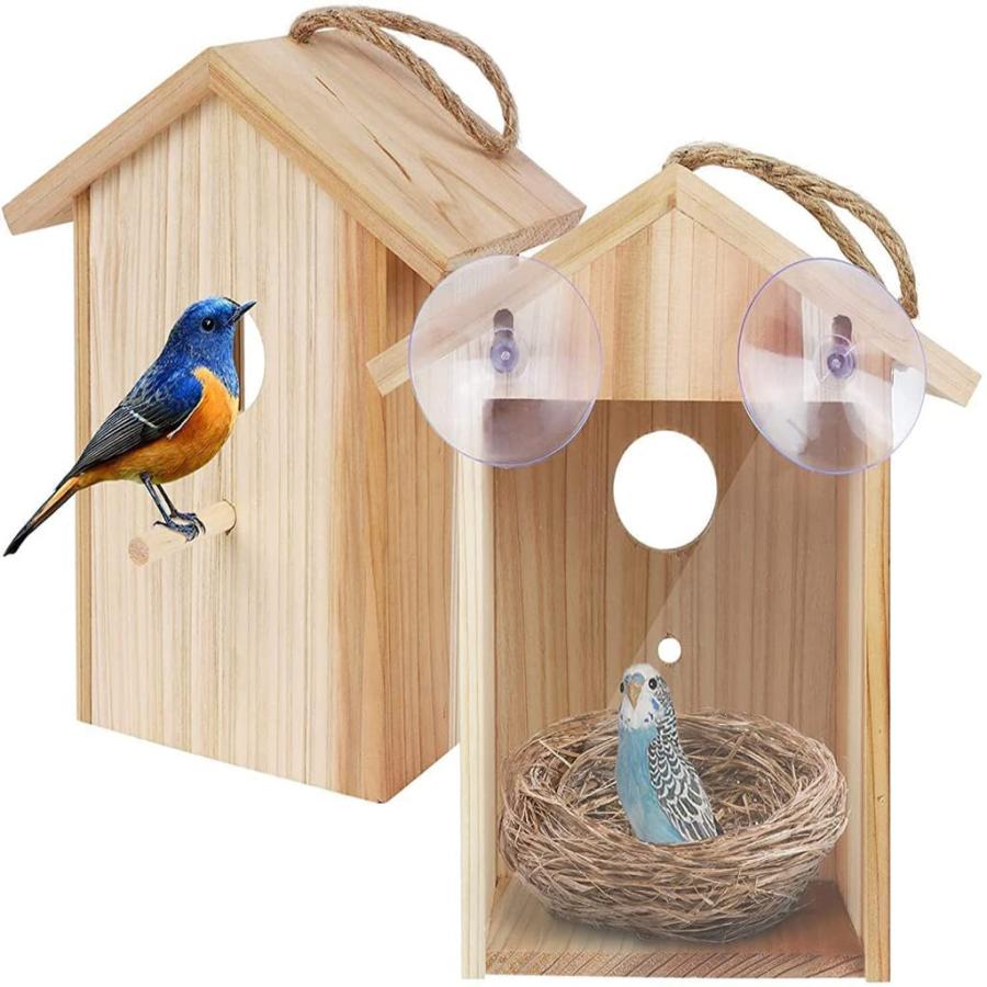 Rakuten - 野鳥用巣箱 鳥小屋 バードハウス 野鳥観察巣箱 吸盤付き バードウォッチング ガーデン 木製 小鳥 鳥かご お庭でバードウォッチング 吊り下げ 屋外 インテリア