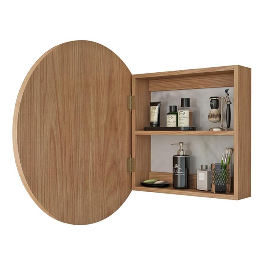 乐天商城 - バスルームラウンドミラーキャビネット 無垢材のバスルーム壁掛けミラーボックス 鏡付き照明付き薬棚 内部ミラー付き収納ウォールキャビネット バスルームウォー