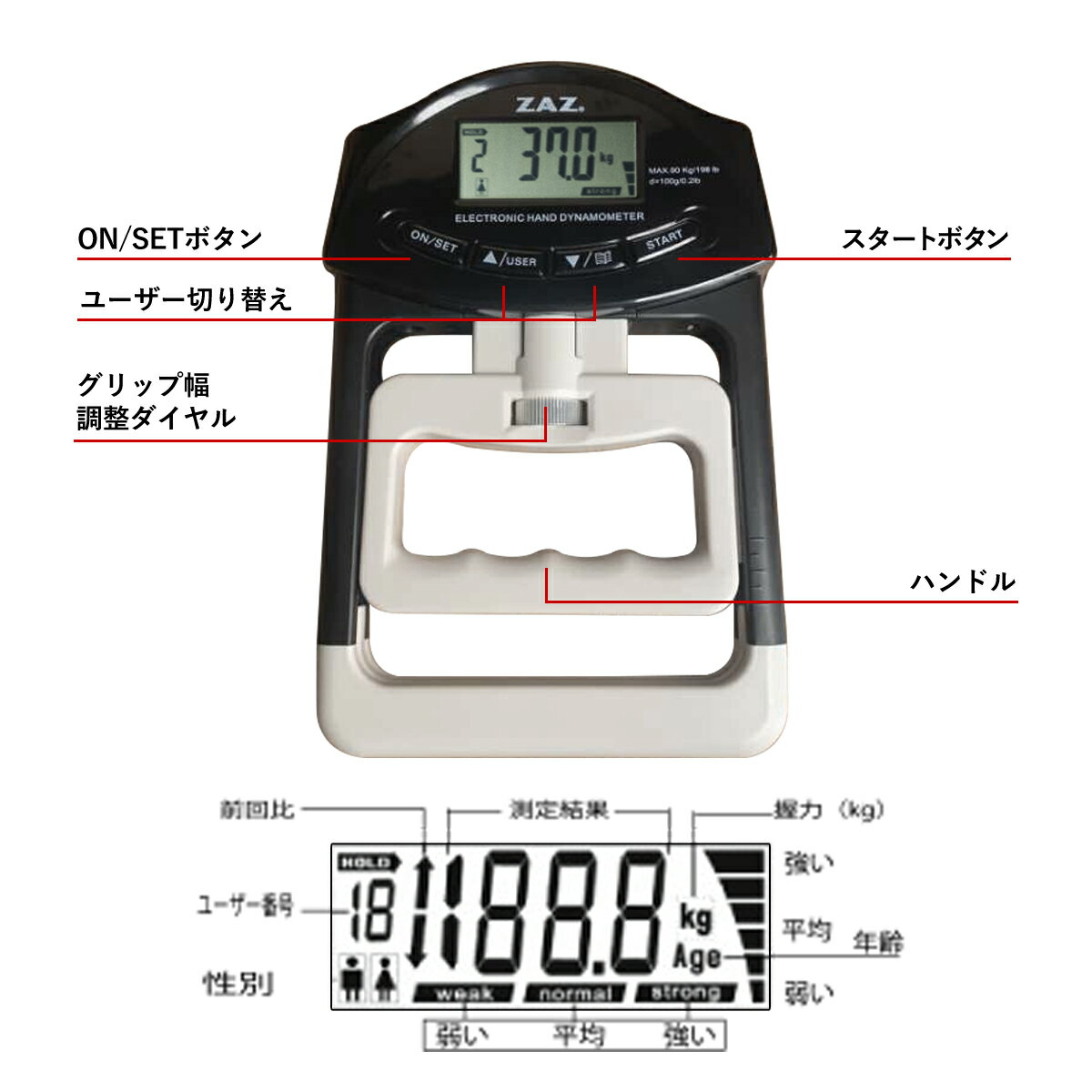 デジタル握力計 テスト電池付き 日本語説明書付き 握力測定機 グリップ幅調節可能 ユーザー登録機能 測定結果記録 テスト電池付属 テスト電池セット デジタルハンドグリップメーター 年齢別握力平均 性別 グレー ブルー ブラック 3