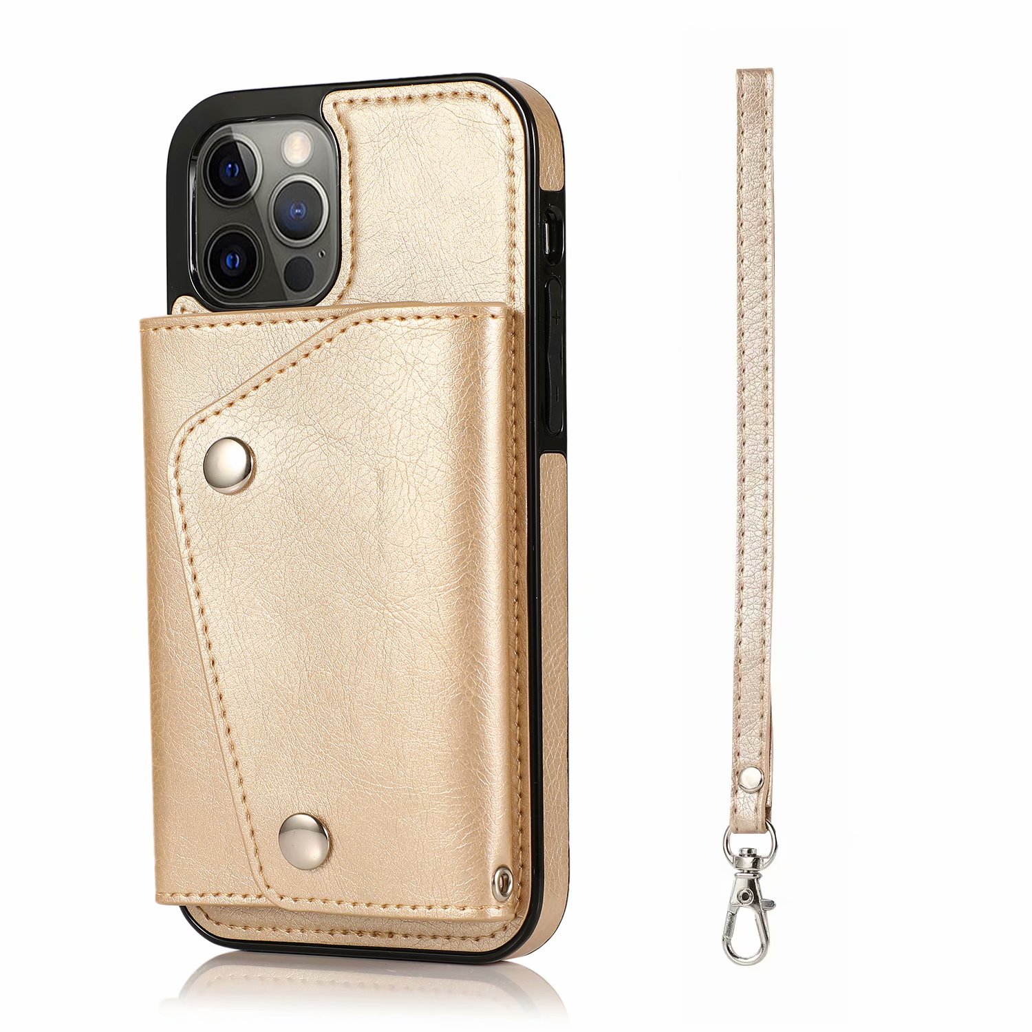 iPhone12 ProMax ケース カバー ケース カバー 背面ケース レザー 合皮 カード収納 カードポケット スナップボタン ハンドストラップ付き スタンド機能