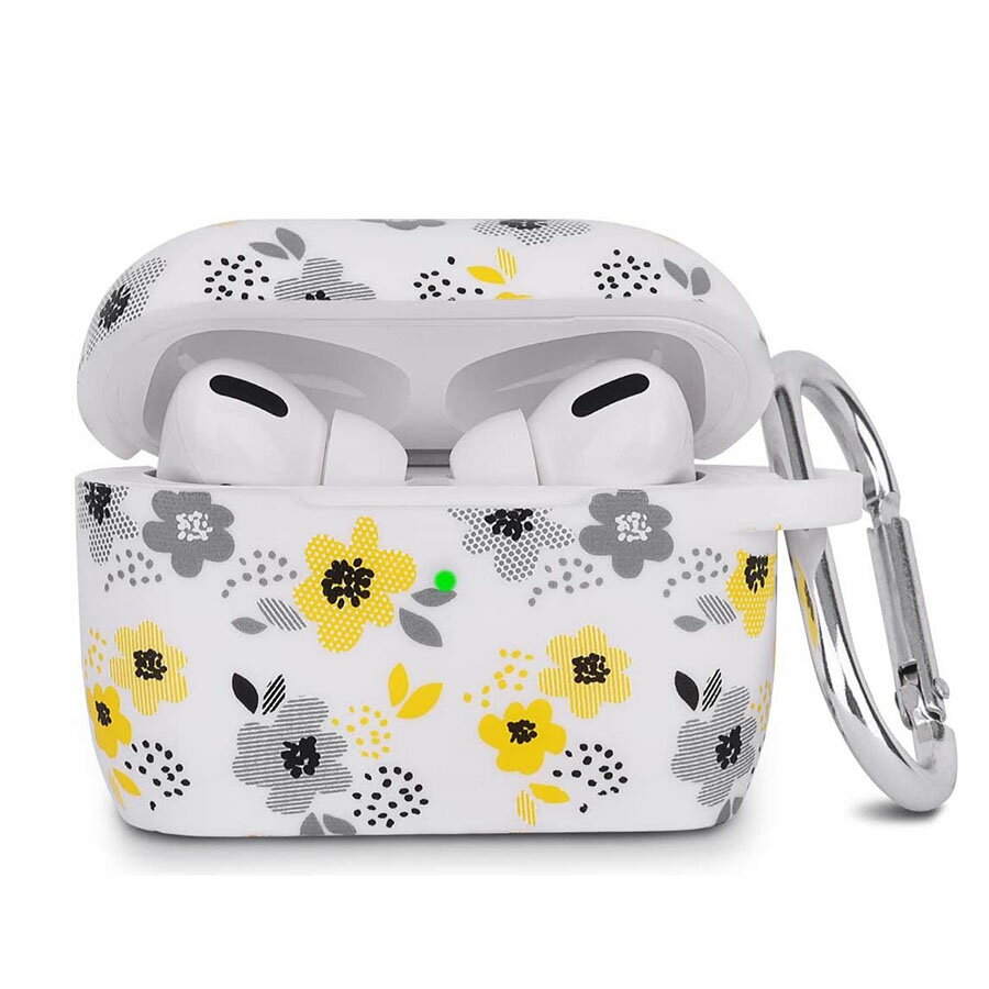 AirPods Pro/Pro2 対応 ケース カバー アクセサリ 一体型 耐衝撃性 防水 落下防止 ワイヤレス充電 シリコン素材 ソフト 柄 プリント 可愛い おしゃれ 花柄 花 フラワー ホワイト イエロー