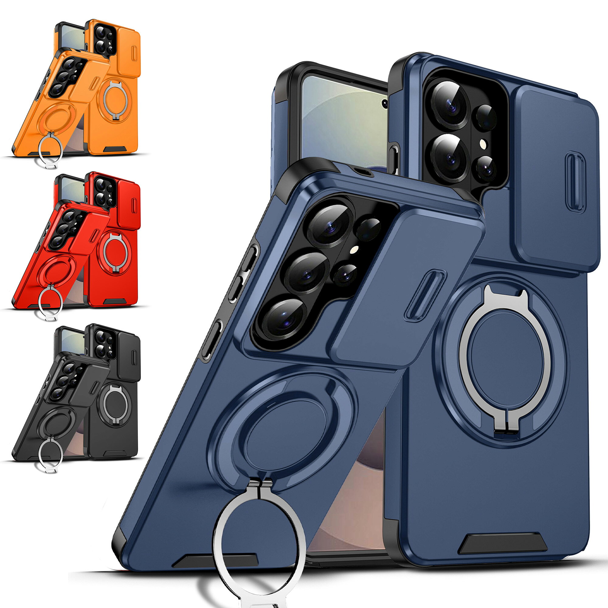 樂天商城 - Galaxy S24 背面ケース Galaxy S25 リングスタンド キックスタンド 車載ホルダー対応 スライド式 レンズカバー カメラカバー レンズ保護 スマホリング 縦置き 横置き