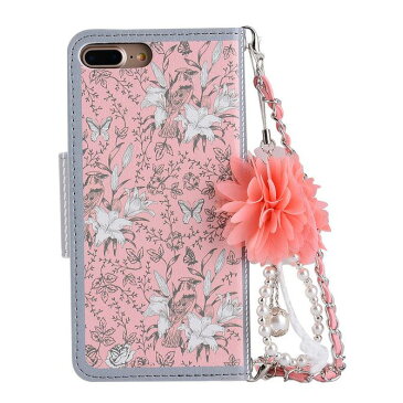 iPhone6/6s 手帳型 ケース カバー フラワー パール 上品 大人かわいい チャーム付き チェーン フラワープリント 花柄 カード収納 カードポケット 華やか 素敵 かわいい カワイイ 可愛い バッグ型 ピンク シルバー