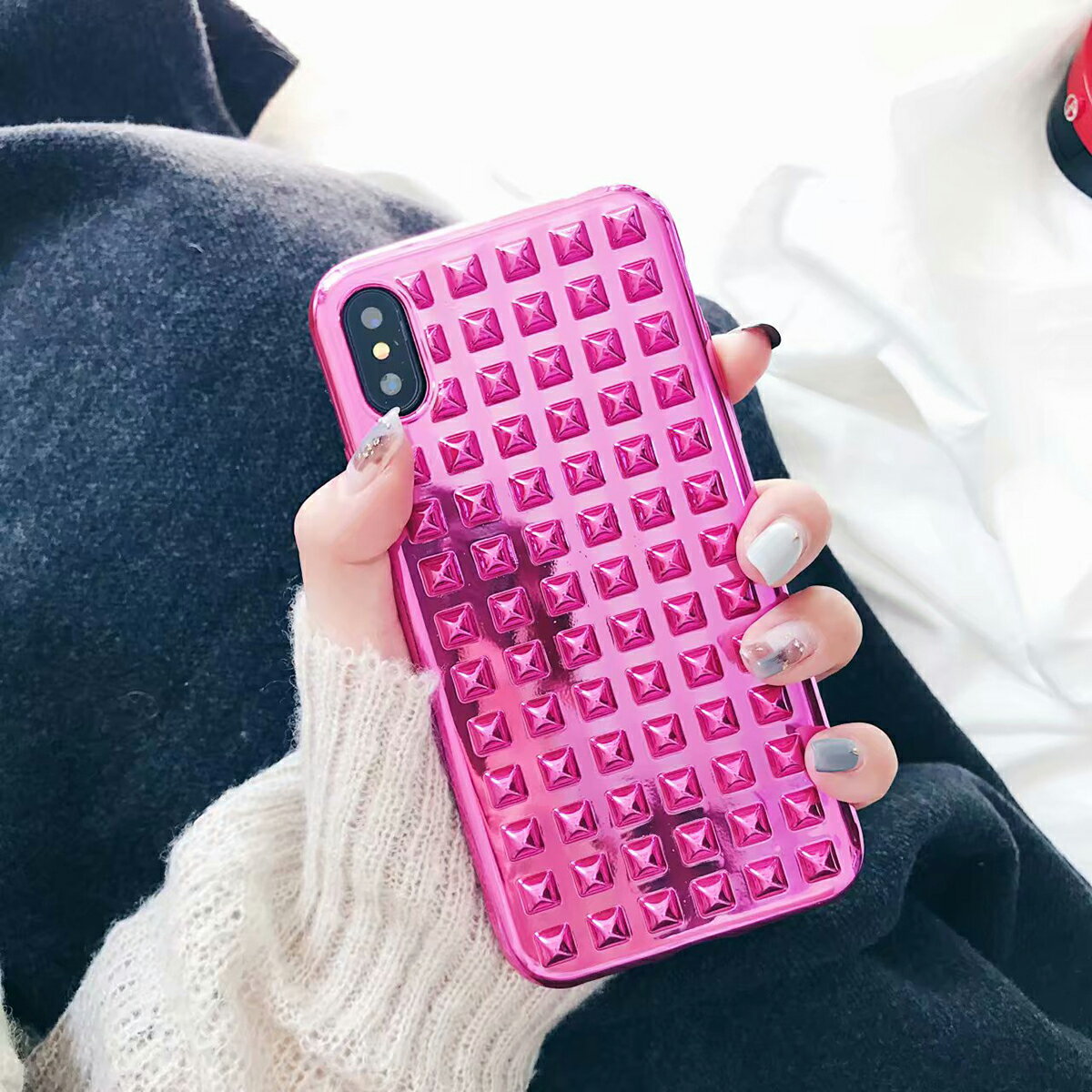 乐天商城 - iPhoneXS iPhoneX ケース スマホケース カバー ソフトケース ピンク スタッズ メタリックカラー
