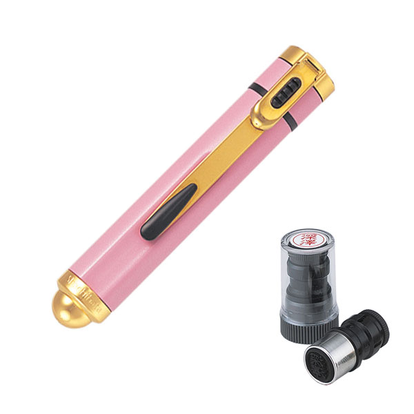 シャチハタ・ネームエル・ピンク＋ネームペン用ネームX-GPS・印面直径：9mm(別注品・Aタイプ)・お名入れ[レーザー彫刻][Shachihata・Xstamper・TKE-B9＋X-GPS]／商品コード:70908:48900