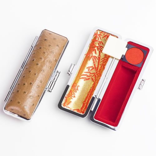 ご印鑑ケース[丸寸胴用] エンボスオーストリッチケース(ブランディ)/16.5mm～18mm用