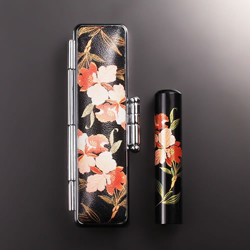 【送料無料】黒水牛現代蒔絵の個人印鑑セット/花/カトレア/12mm 個人いんかん はんこ ハンコ 判子 就職祝い ギフト 祝い プレゼント 贈りもの 女性 男性...