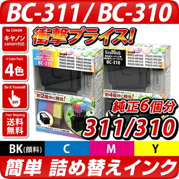 【純正6個分相当】BC-311/BC-310〔キヤノン/Canon〕対応 詰め替えインク【送料無料】bc311 bc310 キャノン プリンター用(純正品カラー2個、ブラック4個分に相当)