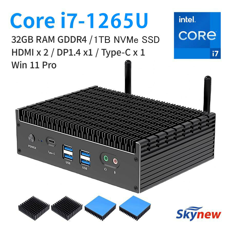 ファンレス 業務用 ミニpc 【 インテル Core i7-1265U/1255U / メモリ 16GB DDR4 / 1TB SSD / Windows11 Pro 】 静音 無音 省スペース デスクトップパソコン 小型パソコン コンパクトpc minipc 組込 産業用 工業用 Skynew K12