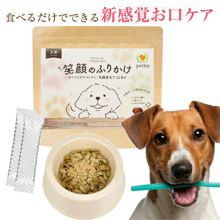 楽天王国広場　ショッピングモール栄養補助食品 デンタルケア 犬用 ペットフード サプリメント pettie 笑顔のふりかけ サイクロデキストラン 乳酸菌 KT11配合 成犬 国内製造 口腔ケア 1.5g×30包 小型犬・中型犬・大型犬 歯磨き お口と体を同時にケア口臭対策