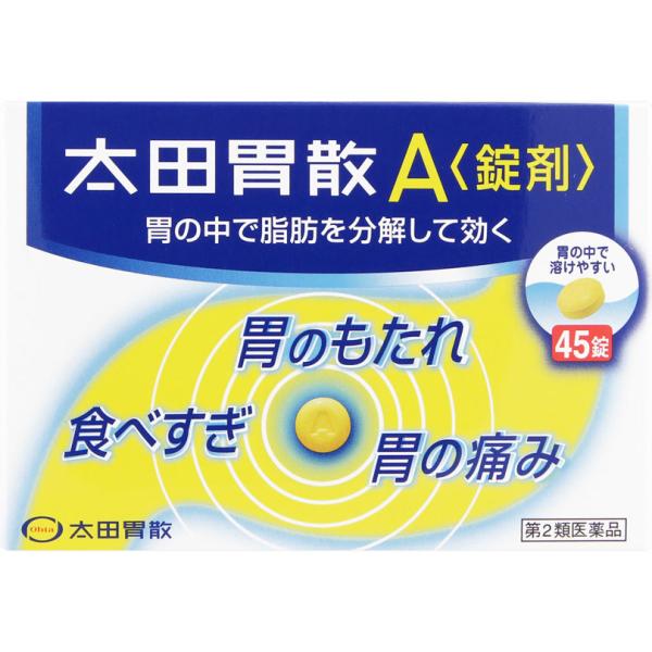 使用上の相談点1．次の人は服用前に医師、薬剤師又は登録販売者に相談してください（1）医師の治療を受けている人。（2）妊婦又は妊娠していると思われる人。（3）薬などによりアレルギー症状やぜんそくを起こしたことがある人。（4）次の診断を受けた人。腎臓病、甲状腺機能障害2．服用後、次の症状があらわれた場合は副作用の可能性があるので、直ちに服用を中止し、この説明書を持って医師、薬剤師又は登録販売者に相談してください関係部位：症状皮膚：発疹・発赤、かゆみ3．2週間位服用しても症状がよくならない場合は服用を中止し、この説明書を持って医師、薬剤師又は登録販売者に相談してください効能・効果胃もたれ、食べすぎ、胃痛、胸やけ、食欲不振、消化不良、消化促進、飲みすぎ、胃酸過多、胸つかえ、胃部不快感、胃部・腹部膨満感、胃弱、胃重、嘔吐、げっぷ、はきけ（胃のむかつき、二日酔・悪酔のむかつき、嘔気、悪心）成分・分量1日量（9錠）中●消化剤リパーゼAP6・・・60mg（脂肪を消化する酵素です。）プロザイム6・・・30mg（たん白質を消化する酵素です。）ビオヂアスターゼ1000・・・60mg（でんぷんやたん白質を消化する酵素です。）ウルソデオキシコール酸・・・12．6mg（胆汁の分泌を促し、脂肪の消化を助けます。）●制酸剤炭酸水素ナトリウム・・・1530mg（作用の異なる各制酸剤が、胃の中の酸度を効果的に調整します。）合成ヒドロタルサイト・・・900mg（作用の異なる各制酸剤が、胃の中の酸度を効果的に調整します。）沈降炭酸カルシウム・・・270mg（作用の異なる各制酸剤が、胃の中の酸度を効果的に調整します。）●健胃生薬成分ケイヒ油・・・10．40mg（生薬成分が持つ特有の芳香と健胃作用で、胃の働きを良好にします。）レモン油・・・4．46mg（生薬成分が持つ特有の芳香と健胃作用で、胃の働きを良好にします。）ウイキョウ油・・・1．65mg（生薬成分が持つ特有の芳香と健胃作用で、胃の働きを良好にします。）〔添加物〕L?メントール、乳糖、黄色4号（タートラジン）、アラビアゴム、ステアリン酸Mg、炭酸Mg、カルメロースCa、セルロース、天然ビタミンE使用上の注意点1．次の人は服用しないでください透析療法を受けている人。2．長期連用しないでください商品詳細太田胃散A【錠剤】は、胃の中の脂肪分を分解することによって胃に対する負担をやわらげ、不快な症状を改善する胃腸薬です。●脂肪や肉類による“胃のもたれ”に効く脂肪や肉類を消化するリパーゼAP6、ウルソデオキシコール酸、プロザイム6と、ビオヂアスターゼ1000の働きで、脂っこい食事や食べすぎなどによっておこる胃のもたれに、すぐれた効果をあらわします。●症状に合わせた服用が効果的胃がもたれたり胸やけがする時、胃の痛みがある時は、食後又は食間に服用してください。就寝前の服用もおすすめします。また、食欲がない時は食前に服用すると、食事がおいしくいただけます。●のみやすい錠剤錠剤をのみやすいように工夫しました。溶けやすく、さわやかな服用感で胃がスッキリします。かんで服用してもさしつかえありません。保管及び取扱上の注意点（1）直射日光の当たらない湿気の少ない涼しい所に保管してください。（2）小児の手の届かない所に保管してください。（3）他の容器に入れ替えないでください。（誤用の原因になったり品質が変わることがあります。）（4）使用期限を過ぎた製品は服用しないでください。用法及び用量次の量を食後又は食間（就寝前を含む）に服用してください。ただし、食欲不振の場合は食前に服用してください。かんで服用してもさしつかえありません。●成人（15歳以上）・・・1回量3錠、1日服用回数3回●8?14歳・・・1回量2錠、1日服用回数3回●5?7歳・・・1回量1錠、1日服用回数3回●5歳未満・・・服用しないこと※食間とは食後2?3時間のことをいいます。【用法・用量に関する注意】小児に服用させる場合には、保護者の指導監督のもとに服用させてください。商品サイズ高さ73mm×幅105mm×奥行き30mm剤型・形状素錠問合せ先株式会社　太田胃散　「お客様相談室」〒112?0011　　東京都文京区千石2?3?2（03）3944?1311