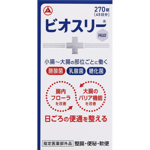 使用上の相談点1．次の人は服用前に医師又は薬剤師にご相談ください。・医師の治療を受けている人。2．次の場合は、服用を中止し、この添付文書を持って医師又は薬剤師にご相談ください。・1ヵ月位服用しても症状がよくならない場合。効能・効果整腸（便通を整える）、便秘、軟便、腹部膨満感成分・分量【成分】・糖化菌：150mg・ラクトミン（乳酸菌）：30mg・酪酸菌：150mg添加物：ポリビニルアルコール（完全けん化物）、ポビトン、バレイショデンプン、乳糖水和物、ステアリン酸Mgを含有する。商品詳細3種の共生する活性菌を増やし、腸内フローラを改善することで、腸を整えます。乳酸菌だけでなく、糖化菌、酪酸菌を加えた3種の活性菌を配合しています。3種の活性菌が小腸から大腸まで生きたまま届きます。のみやすい、やや甘みのある小粒の錠剤です。●糖化菌・・・腸内有用菌である乳酸菌やビフィズス菌を増やします。●ラクトミン（乳酸菌）・・・乳酸を産生して腸内フローラを改善するとともに、酪酸菌の増殖を助けます。●酪酸菌・・・乳酸菌とともに腸で増え、大腸のエネルギー源として腸の機能維持に必要な酪酸を産生します。保管及び取扱上の注意点（1）直射日光のあたらない湿気の少ない涼しい所に密栓して保管してください。（2）小児の手の届かない所に保管してください。（3）他の容器に入れ替えないでください。（誤用の原因や品質が変わるおそれがあります。）（4）本剤は湿気を吸いやすいので、服用のつど必ずフタをかたくしめてください。（5）ビンの中のつめものは、錠剤がこわれるのを防ぐためにいれてありますので、フタを開けた後は取り除いてください。（6）使用期限の過ぎた製品は服用しないでください。（7）箱の「開封年月日」記入欄に、ビンを開封した日付を記入してください。（8）一度開封した後は、品質保持の点からすみやかに服用してください。用法及び用量次の量を1日3回、食後に服用してください。●成人（15歳以上）：1回2錠●5歳以上15歳未満：1回1錠●5歳未満：服用しないこと【用法・用量に関連する注意】（1）小児に服用させる場合には、保護者指導監督のもとに服用させてください。（2）用法・用量を厳守してください。商品サイズ高さ98mm×幅46mm×奥行き49mm剤型・形状素錠問合せ先アリナミン製薬株式会社大阪府大阪市中央区道修町4丁目1番1号0120?597?087