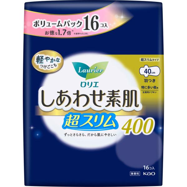 花王 ロリエ　しあわせ素肌　ボリュームパック　超スリム　特に多い夜用40cm　羽つき 16コ (医薬部外品)