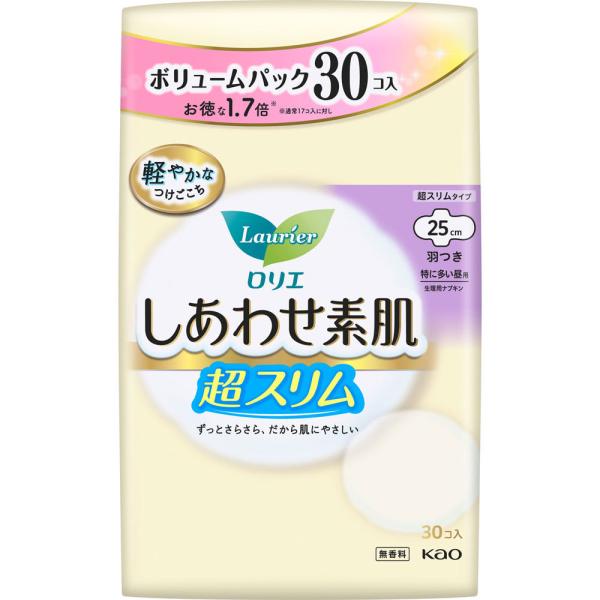 花王 ロリエ しあわせ素肌 ボリュームパック 通気超スリム 特に多い昼用25cm 羽つき 30コ (医薬部外品)