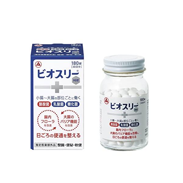 使用上の相談点1．次の人は服用前に医師又は薬剤師にご相談ください。 ・医師の治療を受けている人。 2．次の場合は、服用を中止し、この添付文書を持って医師又は薬剤師にご相談ください。 ・1ヵ月位服用しても症状がよくならない場合。効能・効果整腸（便通を整える）、便秘、軟便、腹部膨満感成分・分量【成分】 ・糖化菌：150mg ・ラクトミン（乳酸菌）：30mg ・酪酸菌：150mg 添加物：ポリビニルアルコール（完全けん化物）、ポビトン、バレイショデンプン、乳糖水和物、ステアリン酸Mgを含有する。商品詳細3種の共生する活性菌を増やし、腸内フローラを改善することで、腸を整えます。 乳酸菌だけでなく、糖化菌、酪酸菌を加えた3種の活性菌を配合しています。 3種の活性菌が小腸から大腸まで生きたまま届きます。 のみやすい、やや甘みのある小粒の錠剤です。 ●糖化菌・・・腸内有用菌である乳酸菌やビフィズス菌を増やします。 ●ラクトミン（乳酸菌）・・・乳酸を産生して腸内フローラを改善するとともに、酪酸菌の増殖を助けます。 ●酪酸菌・・・乳酸菌とともに腸で増え、大腸のエネルギー源として腸の機能維持に必要な酪酸を産生します。保管及び取扱上の注意点（1）直射日光のあたらない湿気の少ない涼しい所に密栓して保管してください。 （2）小児の手の届かない所に保管してください。 （3）他の容器に入れ替えないでください。（誤用の原因や品質が変わるおそれがあります。） （4）本剤は湿気を吸いやすいので、服用のつど必ずフタをかたくしめてください。 （5）ビンの中のつめものは、錠剤がこわれるのを防ぐためにいれてありますので、フタを開けた後は取り除いてください。 （6）使用期限の過ぎた製品は服用しないでください。 （7）箱の「開封年月日」記入欄に、ビンを開封した日付を記入してください。 （8）一度開封した後は、品質保持の点からすみやかに服用してください。用法及び用量次の量を1日3回、食後に服用してください。 ●成人（15歳以上）：1回2錠 ●5歳以上15歳未満：1回1錠 ●5歳未満：服用しないこと 【用法・用量に関連する注意】 （1）小児に服用させる場合には、保護者指導監督のもとに服用させてください。 （2）用法・用量を厳守してください。商品サイズ高さ88mm×幅46mm×奥行き49mm剤型・形状素錠問合せ先アリナミン製薬株式会社 大阪府大阪市中央区道修町4丁目1番1号 0120?597?087