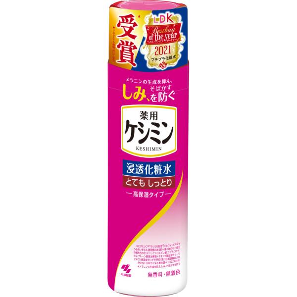 効能・効果メラニンの生成を抑え、しみ、そばかすを防ぐ。肌あれ。あれ性。油性肌。皮ふをすこやかに保つ。肌を整える。皮ふにうるおいを与える。 日やけ・雪やけ後のほてりを防ぐ。肌をひきしめる。成分・分量【有効成分】 L?アスコルビン酸2?グルコシド、グリチルリチン酸2K 【その他の成分】 ヒアルロン酸Na?2、プルーン酵素分解物、ホオノキ抽出液、精製水、濃グリセリン、BG、DPG、水酸化K、POE硬化ヒマシ油、イソステアリン酸POE（20）ソルビタン、カルボキシビニルポリマー、クエン酸Na、EDTA?2Na、クエン酸、（エイコサン二酸／テトラデカン二酸）デカグリセリル液、エタノール、フェノキシエタノール、パラベン使用上の注意点●お肌に異常が生じていないかよく注意して使用してください。お肌に合わないとき、即ち次のような場合には使用を中止してください。 そのまま使用を続けると症状を悪化させることがあるので、皮ふ科専門医等にご相談ください。 （1）使用中、赤み、はれ、かゆみ、刺激、色抜け（白斑等）や黒ずみ等の異常があらわれた場合。 （2）使用したお肌に、直射日光があたって上記のような異常があらわれた場合。 ●傷やはれもの、湿疹等、お肌に異常のあるときは使用しないでください。 ●目に入ったときは、直ちに洗い流してください。 ●お子様の手の届くところには置かないでください。 ●極端に高温又は低温になるところや直射日光があたるところには置かないでください。 ●飲み物ではありません。商品詳細・お顔全体のシミが気になる肌の薬用化粧水です。 ・とてもしっとり高保湿タイプです。 ・しみ対策＊に、ビタミンC誘導体※配合。 ＊メラニンの生成を抑え、しみ、そばかすを防ぐ ※L?アスコルビン酸2?グルコシド ・透明感のある肌に、バージニアホワイト＊1成分配合。 ＊1プルーン酵素分解物、ホオノキ抽出液の複合成分（保湿成分）用法及び用量【使用方法】 洗顔のあと、適量を手のひらまたはコットンにとり、お肌になじませてください。商品サイズ高さ171mm×幅47mm×奥行き47mm問合せ先小林製薬株式会社 〒541?0045　大阪市中央区道修町4?4?10