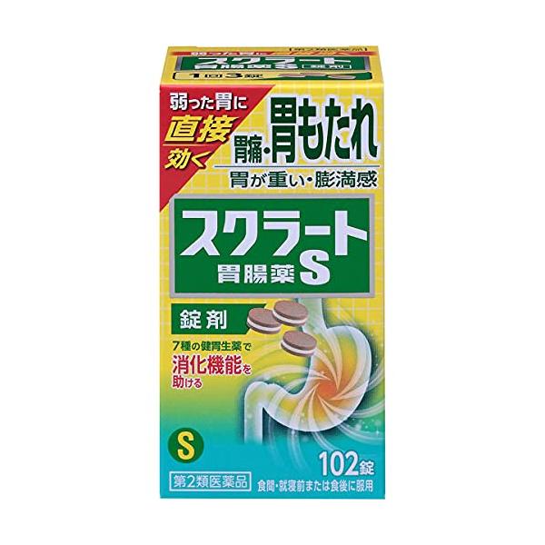 使用上の相談点1．次の人は服用前に医師、薬剤師又は登録販売者に相談してください （1）医師の治療を受けている人。 （2）高齢者。 （3）薬などによりアレルギー症状を起こしたことがある人。 （4）次の診断を受けた人。 腎臓病 2．服用後、次の症状があらわれた場合は副作用の可能性があるので、直ちに服用を中止し、この文書を持って医師、薬剤師又は登録販売者に相談してください 関係部位：症状 皮膚：発疹・発赤、かゆみ 3．服用後、次の症状があらわれることがあるので、このような症状の持続又は増強が見られた場合には、服用を中止し、この文書を持って医師、薬剤師又は登録販売者に相談してください 便秘 4．2週間位服用しても症状がよくならない場合は服用を中止し、この文書を持って医師、薬剤師又は登録販売者に相談してください効能・効果胃痛、もたれ（胃もたれ）、はきけ（むかつき、二日酔・悪酔のむかつき、胃のむかつき、嘔気、悪心）、胸やけ、胃酸過多、げっぷ（おくび）、胃重、胃部膨満感、胃部不快感、胸つかえ、食べ過ぎ（過食）、消化不良、消化不良による胃部・腹部膨満感、消化促進、食欲不振（食欲減退）、飲み過ぎ（過飲）、嘔吐成分・分量9錠（1日服用量）中 ●上・下層（淡褐色） スクラルファート水和物：574．05mg 炭酸水素ナトリウム：600mg 合成ヒドロタルサイト：480mg 健胃生薬末：702mg ［ウイキョウ：60mg、ウコン：60mg、ケイヒ：300mg、ゲンチアナ：30mg、サンショウ：12mg、ショウキョウ：120mg、チョウジ：120mg］ ●中層（白色） スクラルファート水和物：925．95mg ビオヂアスターゼ2000：30mg リパーゼAP12：30mg ※添加物として、D?マンニトール、l?メントール、マクロゴール、カルボキシメチルスターチNa、セルロース、硬化油、二酸化ケイ素、ステアリン酸Ca、アラビアゴム、デキストリン、香料を含有します。使用上の注意点1．次の人は服用しないでください 透析療法を受けている人。 2．長期連用しないでください商品詳細胃の中が空っぽの空腹時・睡眠中にも効く弱った胃に直接効く「患部修復機能」〈胃腸薬〉 【こんな方に】 胃の痛み胃もたれむかつき胸やけ ●胃痛のもと（荒れた患部）を保護・修復します スクラルファートが胃の荒れた患部を選んで吸着し、胃酸などの攻撃から保護するとともに、患部を修復して、もとから治していきます。 ●健胃生薬が弱った胃の働きを高め、消化酵素を助けます。 7つの健胃生薬が、弱った胃を動かすとともに、胃液や消化液の分泌を調節し、消化を助けます。 ●消化酵素が脂肪・でんぷんの消化を助けます 脂肪を分解するリパーゼAP12と、でんぷんを分解するビオヂアスターゼ2000が、効果的に消化を助けます。 ●すばやく、かつ持続的に胃酸を中和します 炭酸水素ナトリウムと合成ヒドロタルサイトが症状のもととなる胃酸をすばやくかつ持続的に中和し、胃への刺激を軽減します。 スクラート／胃薬／錠剤／胃痛／胸やけ／胃もたれ／胃が重い／飲みすぎ／吐き気／胃酸／食欲不振／胃部膨満感第2類医薬品保管及び取扱上の注意点（1）直射日光の当たらない湿気の少ない涼しい所に密栓して保管してください。 （2）小児の手の届かない所に保管してください。 （3）他の容器に入れ替えないでください（誤用の原因になったり品質が変わることがあります。）。 （4）使用期限を過ぎた製品は服用しないでください。用法及び用量次の量を食間＊・就寝前又は食後に服用してください。 ＊食間とは、食後2?3時間経過し、胃の中に食べ物がほぼなくなっている時です。 ●成人（15才以上）・・・1回量3錠、1日服用回数3回 ●15才未満・・・服用しないでください 【用法・用量に関する注意】 用法・用量を厳守してください。商品サイズ高さ90mm×幅48mm×奥行き51mm剤型・形状素錠問合せ先ライオン株式会社　お客様センター 〒130-8644　東京都墨田区本所1-3-7 0120-813-752
