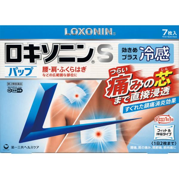 使用上の相談点1．次の人は使用前に医師、薬剤師又は登録販売者に相談して下さい。 （1）医師の治療を受けている人 （2）薬などによりアレルギー症状を起こしたことがある人 （3）妊婦又は妊娠していると思われる人 （4）高齢者 （5）次の診断を受けた人 気管支ぜんそく 2．使用後、次の症状があらわれた場合は副作用の可能性がありますので、直ちに使用を中止し、この外箱を持って医師、薬剤師又は登録販売者に相談して下さい。 ［関係部位：症状］ 皮膚：発疹・発赤、かゆみ、はれ、ヒリヒリ感、かぶれ、水疱、青あざができる、色素沈着 消化器：胃部不快感、みぞおちの痛み その他：むくみ まれに下記の重篤な症状が起こることがあります。その場合は直ちに医師の診療を受けて下さい。 ［症状の名称：症状］ ショック（アナフィラキシー）：使用後すぐに、皮膚のかゆみ、じんましん、声のかすれ、くしゃみ、のどのかゆみ、息苦しさ、動悸、意識の混濁等があらわれる。 3．使用後、次の症状があらわれることがありますので、このような症状の持続又は増強が見られた場合には、使用を中止し、 この外箱を持って医師、薬剤師又は登録販売者に相談して下さい。 下痢・軟便 4．5日から6日間使用しても症状がよくならない場合は使用を中止し、この外箱を持って医師、薬剤師又は登録販売者に相談して下さい。 （他の疾患の可能性があります）効能・効果腰痛、肩こりに伴う肩の痛み、関節痛、筋肉痛、腱鞘炎（手・手首の痛み）、肘の痛み（テニス肘など）、打撲、捻挫成分・分量膏体100g中 ロキソプロフェンナトリウム水和物・・・1．134g（無水物として1g） 炎症や痛みのもと【プロスタグランジン】をおさえます。 添加物：ハッカ油、ポリソルベート80、酸化チタン、酒石酸、エデト酸Na、グリセリン、カルメロースナトリウム（CMC?Na）、タルク、水酸化アルミニウム、クロタミトン、ポリアクリル酸部分中和物、その他2成分使用上の注意点（守らないと現在の症状が悪化したり、副作用が起こりやすくなります） 1．次の人は使用しないで下さい。 （1）本剤又は本剤の成分によりアレルギー症状を起こしたことがある人 （2）本剤又は他の解熱鎮痛薬、かぜ薬、外用鎮痛消炎薬を使用してぜんそくを起こしたことがある人 （3）15歳未満の小児 2．次の部位には使用しないで下さい。 （1）目の周囲、粘膜等 （2）しっしん、かぶれ、傷口 （3）みずむし・たむし等又は化膿している患部 3．本剤を使用している間は、他の外用鎮痛消炎薬を使用しないで下さい。 4．連続して2週間以上使用しないで下さい。 （本剤は痛みを一時的におさえるものです。痛み等の症状が継続する場合には、使用を中止し、医師の診療を受けて下さい）商品詳細1．すぐれた鎮痛消炎効果をもつ「ロキソプロフェンナトリウム水和物」を配合。 2．腰・肩・関節・筋肉の痛みにすぐれた効き目。 3．痛みの芯まで直接浸透。つらい痛みにしっかり効く。 4．1日1回、フィット＆密着タイプ 5．スーッとここちよい冷感タイプのパップ剤保管及び取扱上の注意点（1）直射日光の当たらない湿気の少ない涼しい所に保管して下さい。 （2）小児の手の届かない所に保管して下さい。 （3）他の容器に入れ替えないで下さい。（誤用の原因になったり品質が変わります） （4）品質保持のため、開封後の未使用分は袋に入れ、袋のチャックをきちんと閉めて保管して下さい。 （5）表示の使用期限を過ぎた製品は使用しないで下さい。また、アルミ袋を開封した後は、なるべく早く使用して下さい。用法及び用量表面のライナー（フィルム）をはがし、1日1回患部に貼付して下さい。 【用法・用量に関連する注意】 （1）用法・用量を厳守して下さい。 （2）本剤は、痛みやはれ等の原因になっている病気を治療するのではなく、痛みやはれ等の症状のみを治療する薬剤なので、症状がある場合だけ使用して下さい。 （3）1日あたり2枚を超えて使用しないで下さい。 （4）汗をかいたり、患部がぬれている時は、よく拭きとってから使用して下さい。 （5）皮膚の弱い人は、使用前に腕の内側の皮膚の弱い箇所に、1cmから2cm角の小片を目安として半日以上貼り、発疹・発赤、かゆみ、かぶれ等の症状が起きないことを確かめてから使用して下さい。商品サイズ高さ152mm×幅212mm×奥行き15mm剤型・形状パップ剤問合せ先第一三共ヘルスケア株式会社　お客様相談室 東京都中央区日本橋3?14?10 0120?337?336 受付時間　9：00?17：00（土、日、祝日を除く）