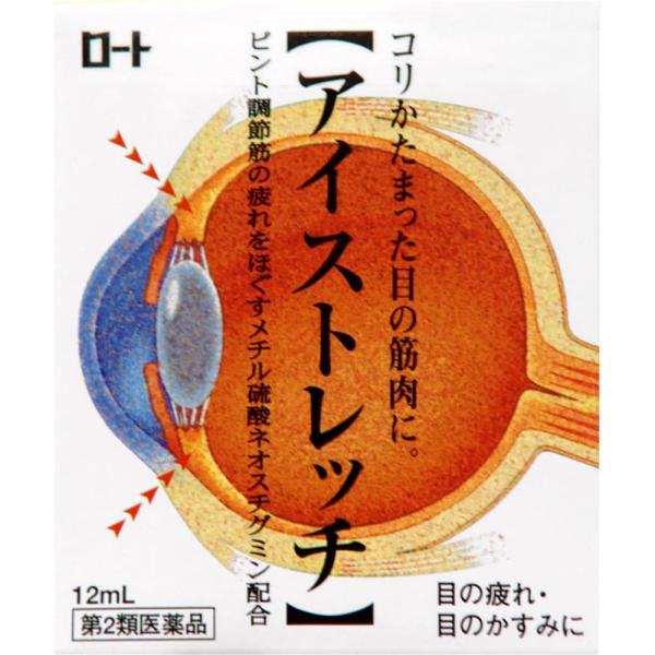 使用上の相談点1．次の人は、使用前に医師、薬剤師又は登録販売者にご相談ください。 （1）医師の治療を受けている人 （2）薬などによりアレルギー症状を起こしたことがある人 （3）次の症状のある人 はげしい目の痛み （4）次の診断を受けた人 緑内障 2．使用後、次の症状があらわれた場合は副作用の可能性があるので、直ちに使用を中止し、この説明書を持って医師、薬剤師又は登録販売者にご相談ください。 関係部位：症状 皮ふ：発疹・発赤、かゆみ 目：充血、かゆみ、はれ、しみて痛い 3．次の場合は使用を中止し、この説明書を持って医師、薬剤師又は登録販売者にご相談ください。 （1）目のかすみが改善されない場合 （2）5?6日間使用しても症状がよくならない場合効能・効果目の疲れ、結膜充血、目のかすみ（目やにの多いときなど）、目のかゆみ、眼病予防（水泳のあと、ほこりや汗が目に入ったときなど）、眼瞼炎（まぶたのただれ）、紫外線その他の光線による眼炎（雪目など）、ハードコンタクトレンズを装着しているときの不快感成分・分量＜有効成分＞ ネオスチグミンメチル硫酸塩・・・0.005％ L-アスパラギン酸カリウム・・・1％ クロルフェニラミンマレイン酸塩・・・0.02％ アラントイン・・・0.1％ ピリドキシン塩酸塩・・・0.1％ 塩酸テトラヒドロゾリン・・・0.01％ 添加物として、塩化Na、ホウ酸、ホウ砂、L-メントール、d-カンフル、ペパーミントオイル、プロピレングリコール、クロロブタノール、ベンザルコニウム塩化物、エデト酸Na、ポリソルベート80、pH調節剤を含有します。使用上の注意点-商品詳細働くピント調節筋にダイレクト作用。 近くを見たり遠くを見るとき、ピント調節筋と呼ばれる筋肉が働きます。筋肉の一種ですから、疲れてくればコリかたまってきます。 「ロートアイストレッチ」は、有効成分のネオスチグミンメチル硫酸塩がピント調節筋の疲れをほぐして効果的に働きます。パソコンや読書などで、目が疲れたなぁというときには「ロートアイストレッチ」。 キャップのあけ方 キャップを手前にひねってください。 キャップのしめ方 カチッと音がするまでおし下げてください。 ※容器全体を支えるように持ち、キャップを上にして開閉してください。 容器の中央部分だけを持って開閉すると、薬液がとびだしてもれることがあります。 解眼新書 18世紀に、日本の医学の振興を目指して翻訳された解体新書。その開拓の思想のもとに、ロートは現代人の目の疾患をあらゆる方向から見つめ直しています。現在までに培ってきたノウハウと最新技術で酷使される目に応えたい、その想いを「解眼新書」の文字に託しました。保管及び取扱上の注意点（1）直射日光の当たらない涼しい所に密栓して保管してください。品質を保持するため、自動車内や暖房器具の近くなど、高温の場所（40度以上）に放置しないでください。 （2）小児の手の届かない所に保管してください。 （3）他の容器に入れ替えないでください。（誤用の原因になったり品質が変わる） （4）他の人と共用しないでください。 （5）使用期限（外箱に記載）を過ぎた製品は使用しないでください。なお、使用期限内であっても一度開封した後は、なるべく早くご使用ください。 （6）保存の状態によっては、成分の結晶が容器の先やキャップの内側につくことがあります。その場合には清潔なガーゼ等で軽くふきとってご使用ください。 （7）容器に他の物を入れて使用しないでください。用法及び用量1回1?2滴、1日5?6回点眼してください。 ＜用法・用量に関する注意＞ （1）過度に使用すると、異常なまぶしさを感じたり、かえって充血を招くことがありますので用法・用量を厳守してください。 （2）小児に使用させる場合には、保護者の指導監督のもとに使用させてください。 （3）容器の先を目やまぶた、まつ毛に触れさせないでください。 〔汚染や異物混入（目やにやホコリ等）の原因となる〕 また、混濁したものは使用しないでください。 （4）ソフトコンタクトレンズを装着したまま使用しないでください。 （5）点眼用にのみ使用してください。商品サイズ高さ80mm×幅67mm×奥行き22mm剤型・形状点眼剤問合せ先ロート製薬株式会社　お客さま安心サポートデスク 大阪市生野区巽西1-8-1 03-5442-6020