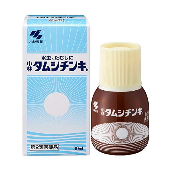 使用上の相談点1．次の人は使用前に医師、薬剤師または登録販売者に相談すること （1）医師の治療を受けている人 （2）乳幼児 （3）薬などによりアレルギー症状を起こしたことがある人 （4）患部が顔面または広範囲の人 （5）患部が化膿している人 （6）「湿疹」か「みずむし、いんきんたむし、ぜにたむし」かがはっきりしない人（陰のうにかゆみ、ただれなどの症状がある場合は、湿疹などの他の原因による場合が多い） 2．使用後、次の症状があらわれた場合は副作用の可能性があるので、直ちに使用を中止し、この文書を持って医師、薬剤師または登録販売者に相談すること 関係部位：症状 皮ふ：発疹・発赤、かゆみ、かぶれ、はれ、刺激感、落屑、ただれ、乾燥・つっぱり感、水疱 3．2週間くらい使用しても症状がよくならない場合は使用を中止し、この文書を持って医師、薬剤師または登録販売者に相談すること効能・効果みずむし、いんきんたむし、ぜにたむし成分・分量100mL中 ミコナゾール硝酸塩・・・1g サリチル酸・・・4g イソプロピルメチルフェノール・・・0.3g クロルフェニラミンマレイン酸塩・・・0.2g リドカイン・・・2g dL-カンフル・・・1.5g 添加物として、エタノールを含有する使用上の注意点1．次の部位には使用しないこと （1）目や目の周囲、粘膜（例えば、口腔、鼻腔、膣など）、陰のう、外陰部など （2）湿疹 （3）湿潤、ただれ、亀裂や外傷のひどい患部商品詳細みずむし・たむし（いんきんたむし、ぜにたむし）は真菌の一種の白せん菌が皮ふに寄生して生じる治りにくい皮ふ病です 小林タムシチンキbはこの真菌を殺すミコナゾール硝酸塩を主成分とし、角質を軟化させるサリチル酸、二次感染の予防にイソプロピルメチルフェノールを効果的に配合した水虫・たむし治療薬です 塗布具の使用方法 1）キャップをはずして、 2）キャップの内側のネジに塗布具をねじ込んでください。 3）使用後は塗布具を付けたままキャップをしっかりとしめてください。保管及び取扱上の注意点（1）直射日光の当たらない湿気の少ない涼しいところに密栓して保管すること （2）小児の手の届かないところに保管すること （3）他の容器に入れ替えないこと（誤用の原因になったり品質が変わる） （4）火気に近づけないこと（エタノール含有物） （5）使用期限を過ぎた製品は使用しないこと ●使用期限内であっても開封後は品質保持の点からなるべく早く使用すること ●本剤は合成樹脂などを軟化したり、塗料を溶かすことがあるため、家具や床などにつかないようにすること用法及び用量1日数回患部に適量を塗布してください ＜用法・用量に関する注意＞ （1）患部やその周囲が汚れたまま使用しないこと （2）目に入らないように注意すること。万一、目に入った場合には、すぐに水またはぬるま湯で洗い、直ちに眼科医の診療を受けること （3）小児に使用させる場合には、保護者の指導監督のもとに使用させること （4）外用にのみ使用すること商品サイズ高さ84mm×幅43mm×奥行き42mm剤型・形状液剤問合せ先小林製薬株式会社 お客様相談室 〒541-0045大阪市中央区道修町4-4-10 0120-5884-01