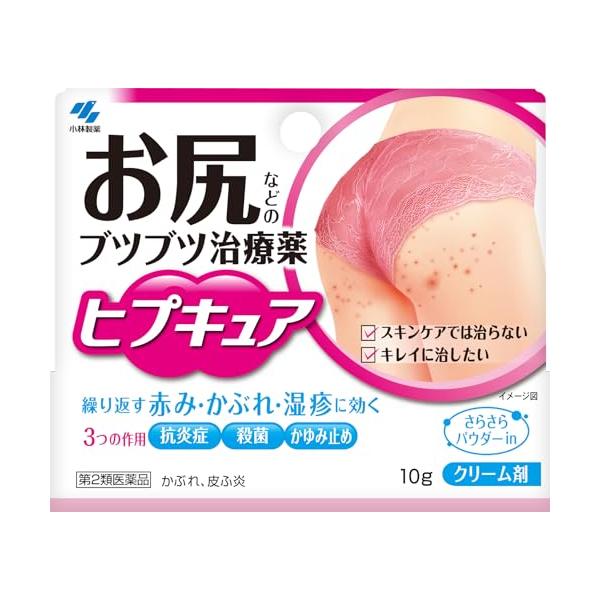 使用上の相談点ー効能・効果湿疹、皮ふ炎、ただれ、あせも、かぶれ、かゆみ、おむつかぶれ成分・分量100g中 ウフェナマート 5.0g　ジフェンヒドラミン 1.0g　グリチルレチン酸 0.3g　トコフェロール酢酸エステル 0.5g　イソプロピルメチルフェノール 0.1g　酸化亜鉛 5.0g 添加物として　グリセリン　1.3-ブチレングリコール　セタノール　流動パラフィン　ワセリン　ステアリルアルコール　ミリスチン酸イソプロピル　　ジメチルポリシロキサン　ステアリン酸K　ステアリン酸グリセリン　ポリオキシエチレン硬化ヒマシ油　ステアリン酸ポリオキシル　キサンタンガム　ヒドロキシエチルセルロース　パラベン　エデト酸Na　pH調節剤を含有する使用上の注意点使用に際して、この添付文書を必ずお読みください また必要なときに読めるよう大切に保管してください 使用期限を過ぎた製品は使用しないこと商品詳細●有効成分のはたらきで，お尻・太ももなどの気になるブツブツを改善する医薬品です●殺菌成分が雑菌を殺菌し、繰り返すかゆみ・かぶれ・湿疹の治療を助けます●さらさらパウダー配合で、べたつきにくいクリーム剤です保管及び取扱上の注意点＜保管及び取扱い上の注意＞ （1）直射日光の当たらない湿気の少ない涼しい所に密栓して保管すること （2）小児の手の届かない所に保管すること （3）他の容器に入れ替えないこと（誤用の原因になったり品質が変わる)用法及び用量＜用法・用量＞ 1日数回、適量を患部に塗布してください ＜用法・用量に関連する注意＞ （1） 小児に使用させる場合には、保護者の指導監督のもとに使用させること （2） 目に入らないよう注意すること。万一、目に入った場合には、すぐに水又はぬるま湯で洗うこと。なお、症状が重い場合には、眼科医の診療を受けること （3）外用にのみ使用すること （4）患部を清潔にした後、塗布すること商品サイズ高さ96mm×幅113mm×奥行き23mm剤型・形状クリーム剤問合せ先小林製薬株式会社 〒541?0045　大阪府大阪市中央区道修町4?4?10 小林製薬　お客様相談室0120?5884?01　9：00?17：00（土・日・祝日を除く）