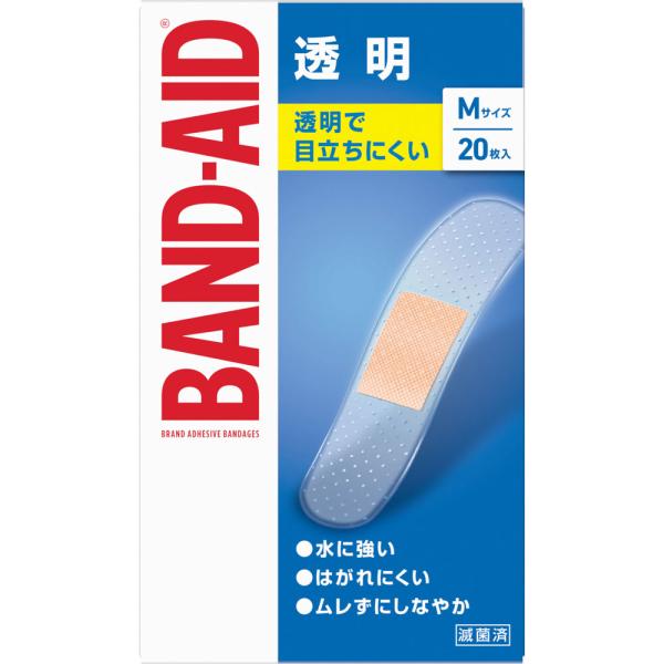 使用上の注意点●パッド部分が汚れたり水にぬれたときは、新しいものに貼りかえ、傷口を清潔に保ってください。 ●皮膚刺激の原因になることがあるので、テープを同じところに繰り返し貼らないでください。 ●使用後はがすときは、患部やまわりの皮膚を痛めないようにゆっくりとはがしてください。 ●本品の使用により、発疹、発赤、かゆみ、かぶれ等の症状があらわれた場合には、使用を中止し、医師または薬剤師にご相談ください。 ●直射日光を避け、小児の手の届かない所に保管してください。 ●テープの包装が開封・破損されない限り、滅菌効果が保たれます。 ●個包装紙の糊には、天然ゴムラテックスを使用しています。 ●ラテックスアレルギーの方はご注意ください。商品詳細貼り心地が良く、端からはがれにくい「オーバル形」を採用。 ユニークなカタチがパッド部分（創傷部分）にかかるストレスを軽減します。 また、テープの端が丸くなったことではがれにくく。 透明タイプなので顔などの目立つところの傷に最適です。 大切な日にも、ばんそうこうを気にせず過ごせます。 すべてのバンドエイドは滅菌済です。用法及び用量【使用方法】 ●創傷面を清潔にし、パッド部分をあててテープで固定してください。 ●1日1回から2回は貼りかえるようにしてください。商品サイズ高さ95mm×幅55mm×奥行き30mm問合せ先JNTLコンシューマーヘルス株式会社 お客様相談室 東京都渋谷区広尾1?1?39 0120?101110