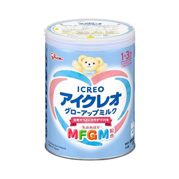 成分・分量【原材料】 脱脂粉乳（オーストラリア製造）、乳糖、調整食用油脂（分別ラード、オレオ油、大豆油、ヤシ油、パームオレイン）、でんぷん分解物、乳清たんぱく質濃縮物、たんぱく質濃縮ホエイパウダー、ガラクトオリゴ糖液糖、エゴマ油、食塩／炭酸Ca、レシチン、水酸化Ca、塩化Mg、V.C、塩化K、リン酸Ca、ピロリン酸鉄、5'-CMP、ナイアシン、V.E、ウリジル酸Na、パントテン酸Ca、5'-AMP、イノシン酸Na、グアニル酸Na、V.B1、V.B6、V.A、V.B2、葉酸、カロテン、V.D、ビオチン、V.B12、（一部に乳成分・大豆を含む）使用上の注意点使用量の目安はフタの表をご覧ください。 ミルクを飲む量は離乳食の摂取量やお子様による個人差がありますので、必要に応じて加減してください。 1回分ずつ調乳し、飲み残しは与えず、捨ててください。商品詳細乳由来のMFGM（乳脂肪球皮膜）を粉ミルクに配合！【MFGM※とは？】母乳にも含まれる様々な栄養素を含んだ乳由来成分用法及び用量【召し上がり方】 ●缶に入っている専用スプーン1杯は、できあがり量40mlです。 ●消毒したカップ（または哺乳ビン）に、専用のスプーンで必要量のミルクをすりきって入れます。 ●一度煮沸させ、40?50度位に冷ましたお湯をできあがり量の2/3ほど入れます。よくまぜて溶かします。できあがり量まで、お湯または煮沸後の湯冷ましを加えます。 ●さらによく溶かして、体温くらいに冷ましてから飲ませてあげてください。商品サイズ高さ179mm×幅132mm×奥行き132mm剤型・形状細粒・顆粒剤問合せ先江崎グリコ株式会社 大阪府大阪市西淀川区歌島4-6-5 0120-964-369
