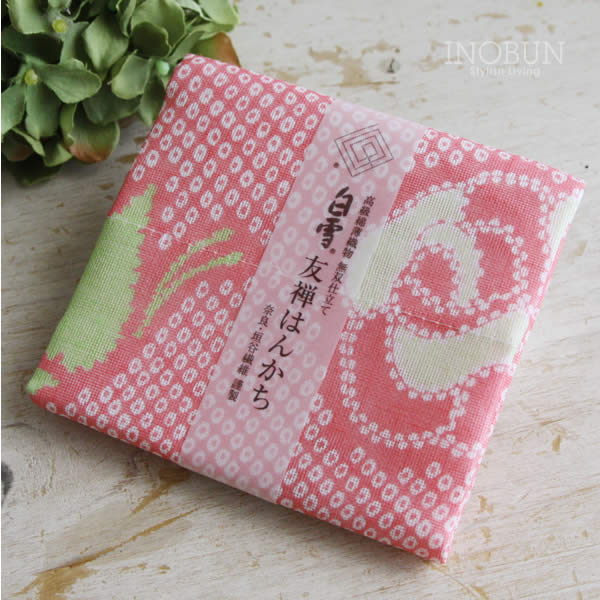 【在庫限り終了】白雪 友禅染はんかち 絞り染（薔薇と蝶） 白雪はんかち 30 x 30cm 紅桃 べにもものサムネイル