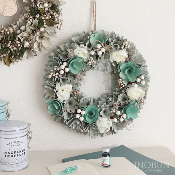 ナチュラルリース ターコイズフォレスト L ホワイト ラナンキュラス ドライフラワー