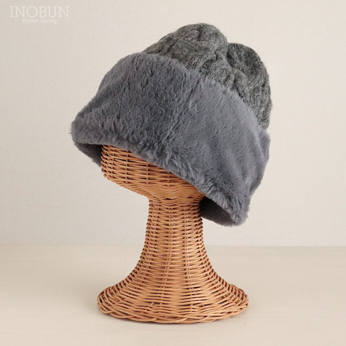 ファートーク風スフレワッチ グレー ニット帽 ニットキャップ ビーニー ファー 帽子 冬 防寒