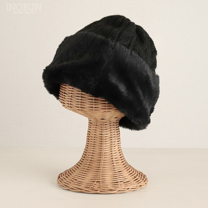 ファートーク風スフレワッチ ブラック ニット帽 ニットキャップ ビーニー ファー 帽子 冬 防寒