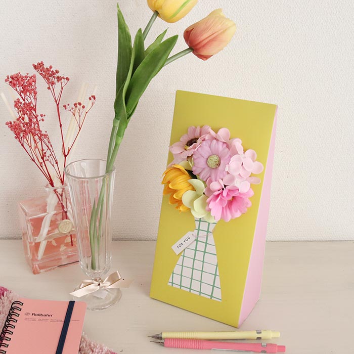 ポップベース ソープフラワー ピンク/イエロー 透明BOX入り 土台付き プレゼント 卒業式 入学式 お祝い