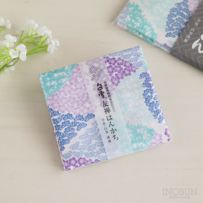 白雪 友禅染はんかち 松竹梅 ブルー 白雪はんかち 30 x 30cm