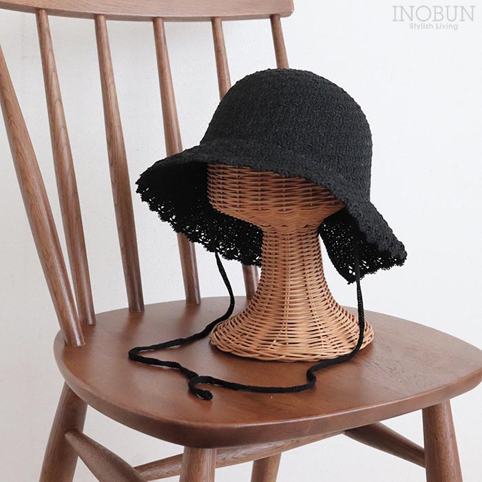 Rakuten - 編み後ろ割れひも付きハット 帽子 ブラック バケットハット 紐付き