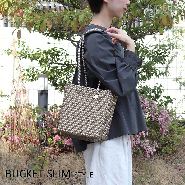 メルカド バッグ レトラ MINI CHECK BUCKET SLIM ゴールド x ホワイト Letra チャ...