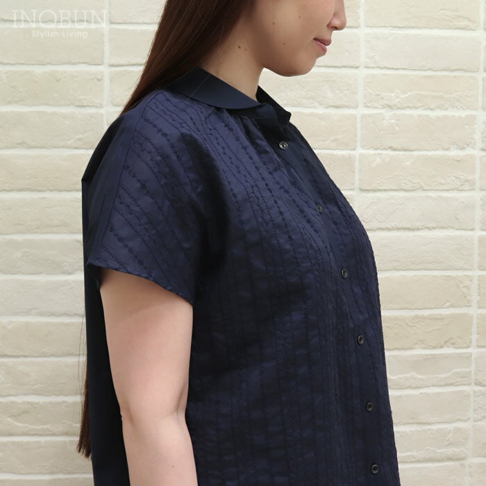 乐天商城 - Parkes フラワーストライプ刺繍 丸衿スキッパーシャツ 半袖 Mサイズ ネイビー パークス セール SALE