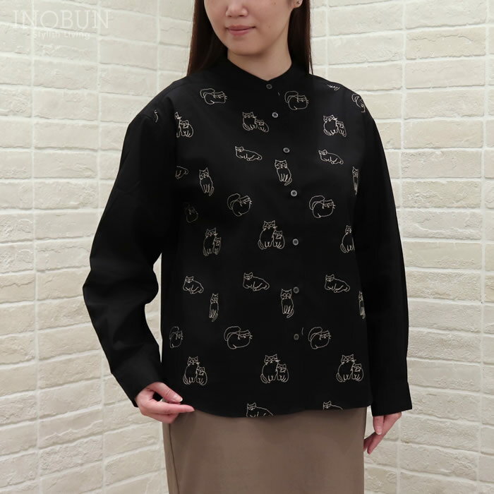 乐天商城 - Parkes ネコ刺繍 バンドカラードロップショルダーシャツ ブラック 200本ブロード Mサイズ ブラウス パークス セール