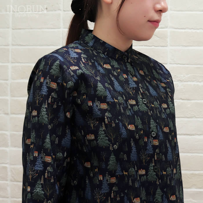 Parkes スタンドカラー レギュラーシャツ 30ビエラ 森の中の家 ネイビー セール