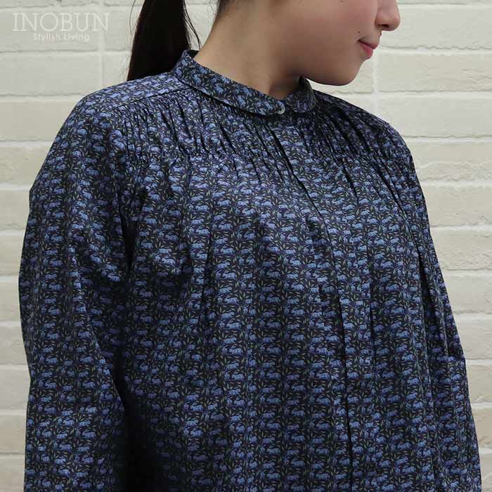 乐天商城 - sosotto リバティ タナローンチビ衿シャーリングブラウス 長袖 Mサイズ Cotton Tail コットン・テイル ネイビー LIBERTY