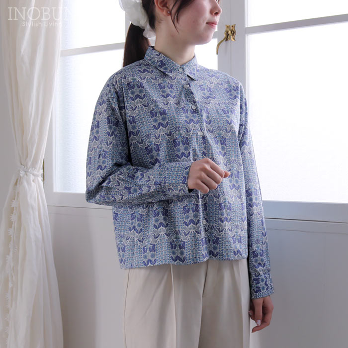 Rakuten - Parkes リバティ コンパクトボックスシャツ ブラウス Mサイズ 長袖 Welbec Inc.別注カラー Lindsay Garden リンジー・ガーデン ブルー LIBERTY パークス