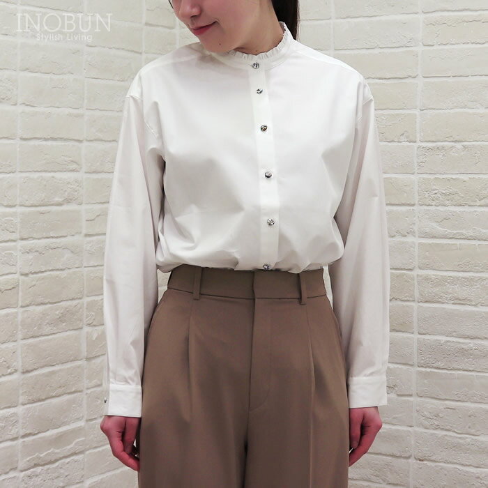 Rakuten - Parkes リバティくるみボタン スタンドフリルドロップショルダーシャツ ブラウス 長袖 Mサイズ 50/-ブロード オフ LIBERTY パークス