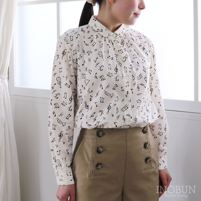 Rakuten - J.Sloane ベーシック角衿ブラウス 60ローン Mサイズ 長袖 抜染音符柄 オフ ジェイスローアン