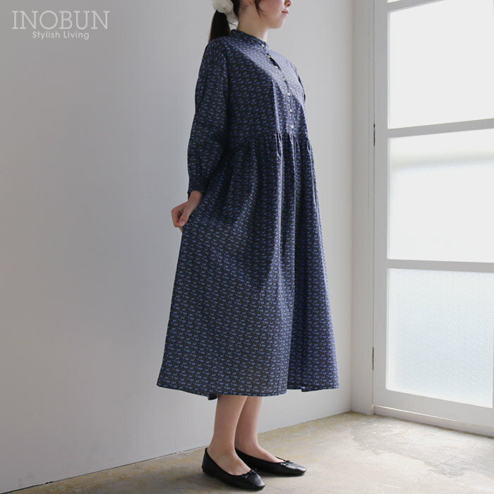 Rakuten - sosotto リバティ タナローンスタンドギャザーワンピース 長袖 Mサイズ Cotton Tail コットンテイル LIBERTY ネイビー地