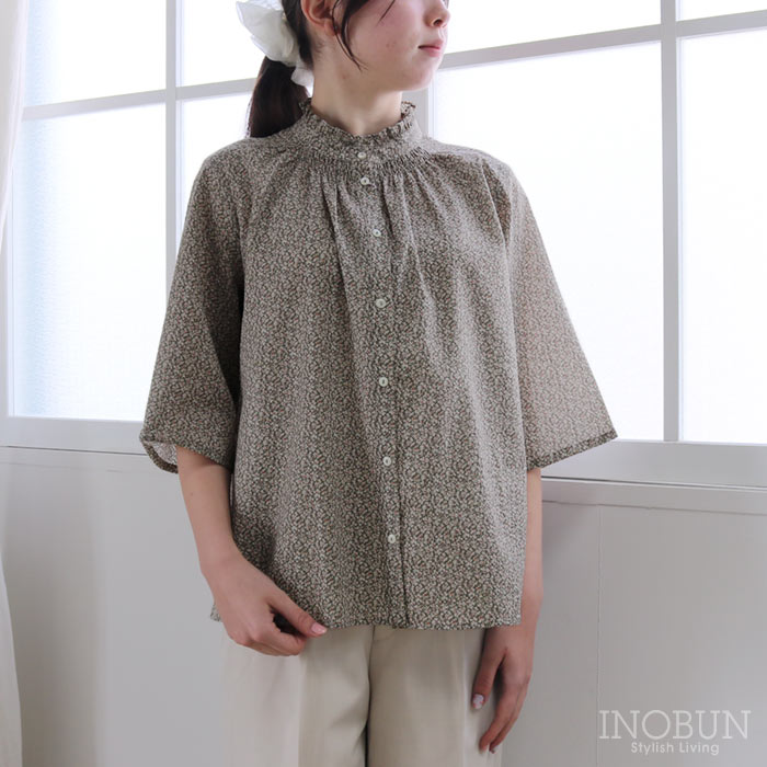 Rakuten - sosotto リバティ イーストボーンローン フリル衿シャーリングブラウス 6分袖 Mサイズ Pepper ペッパー カーキ LIBERTY