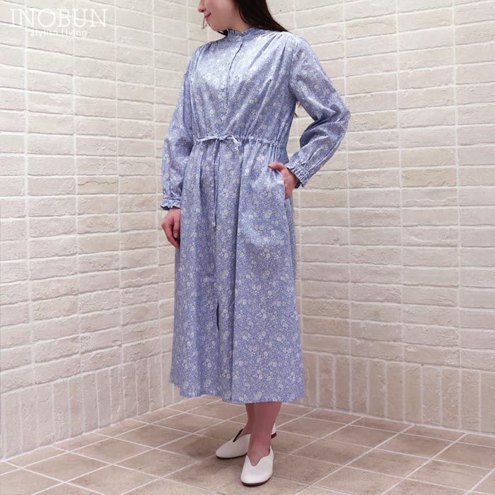 乐天商城 - Crespi クレスピ リバティ ウエストリボン付き前開きワンピース 38サイズ Capel Pepper カペル・ペッパー サックス系 LIBERTY