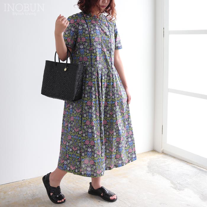 乐天商城 - J.Sloane リバティ キーネックすっきり見えワンピース Theberton/J24B セバートン 半袖 Mサイズ LIBERTY ジェイスローアン
