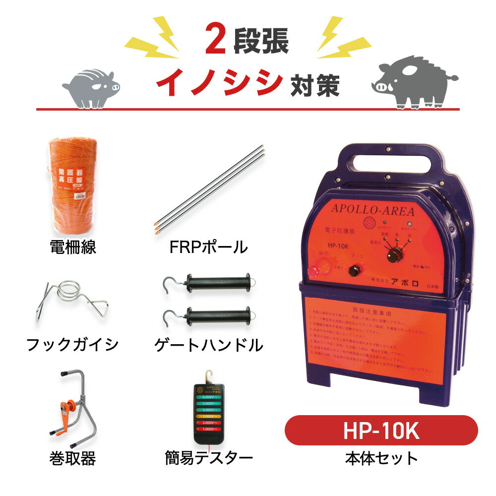 注文の前にご確認ください ○本体＋周囲1500m×2段張りの支柱や電線がセットになった商品です。周囲1500mのイノシシ対策としておすすめのセットです。 ※柵線、支柱、フック、ゲートハンドルを別途お買い求めいただきますと延長してご使用いただけます。 ○本体1台あたりの最大電線長は10,000mです。※設置条件により異なります。 ○付属のコードを使用し外部電源で稼働します。ソーラーパネルは付属しません（後付け可）。 ○本体は地面につかないように設置する必要があります。設置する場所の地面にあわせて、木杭などを別途ご用意ください。※木杭などに固定するための取付金具は、本品に付属しております。 ○本器は防雨性ですが、水に浸からないようレンガの上や木柱にかけて設置してください。 ○人が見やすい位置に電気柵を使用している注意看板（本品にも付属されております）を設置してください。 ○子どもが設置場所付近に近づかないよう、十分注意してください。 電気柵を設置するには 電気柵の設置には、本体（電源）セットと、電線セット（電柵ロープ・ガイシ・支柱・ゲートクリップ）が必要です。※支柱、ガイシ、ゲートクリップは他メーカー間の互換性はありませんので、ご注意ください。 本体（電源）セット 電気ショックを送るための電源本体と、危険表示板、アース棒、高圧線、本体取付金具がセットになっています。（メーカにより付属品は異なります。） 電線セット 電気ショックを伝えるためのロープ（電線）、ロープを張るための支柱、ガイシ、出入口に設置するゲートクリップをご使用の電気柵の長さに併せて組み合わせてください。セットでの販売もございます。 専業メーカーの電気柵による究極の防獣対策 有効電柵距離は10km 最大電圧は約10,000Vと国産電気柵でできる最大電圧を出力します。蓄電エネルギーが最大クラスの機種です。防護線末端での出力電圧が高くなり、効果的に動物の侵入を防ぎます。有効距離は10kmと大規模な広さを守ります。 使いやすさが抜群 操作がシンプルなので、運転の切り替えが簡単に行えます。バッテリー残量が少なくなってくると、電源ランプが点滅し、バッテリー充電時期時期をお知らせします。 稼働時間の設定も可能 周囲の明るさを感知して自動的に、『昼のみ』『夜のみ』稼働させることも可能です。切替スイッチによって設定できます（『連続』：昼夜連続で作動。『昼』：明るくなる昼間のみ作動。『夜』：暗くなる夜間のみ作動。） 動物別設置方法の例 イノシシ対策（2段張り） イノシシは鼻が非常に敏感なので、鼻の高さに柵線があたるよう設置します。※体にあたるようにしても効果は薄まります。支柱（図中のFRPポール）は20〜30cm地中に打ち込みます。ポールの間隔の目安は200〜400cmです（地形によって調整します）。ガイシはポール1本あたり2個、20cm間隔にて取り付けます。50メートル間隔で接続線を結線します。 シカ対策（4段張り） 下段はくぐり抜けられない高さ、上段は飛び越えない高さに柵線を設置します。支柱（図中のFRPポール）は20〜30cm地中に打ち込みます。ポールの間隔の目安は300〜400cmです（地形によって調整します）。ガイシはポール1本あたり4個、30cm間隔にて取り付けます。50メートル間隔で接続線を結線します。 サル対策（8段張り） 周りに高い木や電柱など、飛び込み出来ない位置に設置します。支柱（図中のFRPポール）は20〜30cm地中に打ち込みます。ポールの間隔の目安は300〜400cmです（地形によって調整します）。ガイシはポール1本あたり8個、20cm間隔にて取り付けます。接続線は2本1組とし、50cm間隔で接続します（段違いで＋、−につなぎます）。 商品ラインナップ 電気柵 AP-2011＆支柱・電柵セット（外周250m×2段） イノシシ対策として、おすすめのセットです。電気柵の設置に必要な機材が一通りセットになっています。もっと詳しく 電気柵 AP-2011-SR＆支柱・電柵セット（外周250m×2段） ソーラーパネル発電付属のお買い得セットです。電池の交換頻度を減らして、手間やコストを削減できます。 もっと詳しく 電気柵部材 単体販売（電線・支柱・ゲートクリップ・ガイシなど） 電線や支柱など単体でお買い求めの方はこちらをどうぞ。設置する場所に合わせて選択いただけます。もっと詳しく 商品仕様 本体入力電源（DC） 12V（ACアダプター、自動車用バッテリー） 本体出力電圧（DC） 約10,000V 本体出力ランプ 高圧が出力されている時に点灯します。 本体外形寸法 巾205mm×奥行155mm×高さ310mm 本体重量 約3.2kg 付属品 本体、アース棒3連、本体取付金具、高圧線、危険表示板、保証書付取扱説明書、ハイパワーACアダプター、外部バッテリーコード、漏電遮断器、FRPポール（Φ14mm×900mm）×400本、Φ14mm用フックガイシ×750個、電柵線3000m、エリアチェッカー×1個、ゲートハンドル×2個、巻取機×1点、危険表示板×12枚