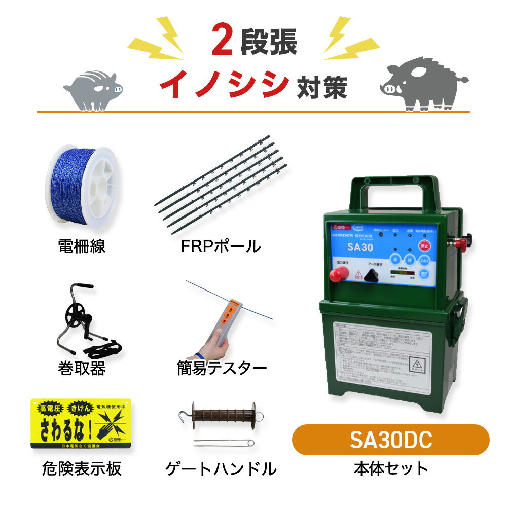 注文の前にご確認ください ○本体＋周囲250m×2段張りの支柱や電線等がセットになった商品です。イノシシ対策におすすめのセットになります。 ○本体1台あたりの最大電線長は3500mです。※設置条件により異なります。 ○単一乾電池（別売）または外部電源で稼働します。ソーラーパネルは付属しません（後付け可）。ソーラーパネル付きタイプはこちら ○人が見やすい位置に電気柵を使用している注意看板（本品にも付属されております）を設置してください。 ○子どもが設置場所付近に近づかないよう、十分注意してください。 商品の構成 電気柵に必要な、以下のAとBが揃ったセットです。単体ごとに購入するよりもお買い得になっています。 A：本体セット 危険表示板×2　アース棒5連×1　本体取付金具×1　外付けバッテリー用コード×1 出力コード3m×1 取扱説明書 B：電線セット ◯ガイシ付FRP電柵支柱Φ16mmX高さ930mm・・・100本 ◯ゲートクリップ・・・2個 ◯電柵ロープ・・・500m ◯クイックテスター・・・1個 ◯巻取器・・・1個 獣に負けない本格仕様 設置場所を選ばない防雨型 最大電圧は約9000V。VDR出力安定機構により、さく線の電圧が落ちると、自動感知して追加電流を流し、電圧を維持します。付属の外付けバッテリー用コードで12Vバッテリーを外部端子に接続して使用することも可能です。 使いやすさが抜群 スイッチ音付きタッチパネルで、絵文字ボタンを押すだけで簡単に操作ができます。また、レベルメーターで電圧状態を簡単にチェックできます。(本器での出力状態となるため、電気さくの管理には専用のテスターなどで確認をしてください) 稼働時間の設定も可能 周囲の明るさを感知して自動的に、『昼のみ』や『夜のみ』稼働させることも可能です。切替スイッチによって設定できます（『連続』：昼夜連続で作動。『昼』：明るくなる昼間のみ作動します。『夜』：暗くなる夜間のみ作動。） 動物別設置方法の例 イノシシ対策（2段張り） イノシシは鼻が非常に敏感なので、鼻の高さに柵線があたるよう設置します。※体にあたるようにしても効果は薄まります。支柱（図中のFRPポール）は20〜30cm地中に打ち込みます。ポールの間隔の目安は200〜400cmです（地形によって調整します）。ガイシはポール1本あたり2個、20cm間隔にて取り付けます。50メートル間隔で接続線を結線します。 シカ対策（4段張り） 下段はくぐり抜けられない高さ、上段は飛び越えない高さに柵線を設置します。支柱（図中のFRPポール）は20〜30cm地中に打ち込みます。ポールの間隔の目安は300〜400cmです（地形によって調整します）。ガイシはポール1本あたり4個、30cm間隔にて取り付けます。50メートル間隔で接続線を結線します。 サル対策（8段張り） 周りに高い木や電柱など、飛び込み出来ない位置に設置します。支柱（図中のFRPポール）は20〜30cm地中に打ち込みます。ポールの間隔の目安は300〜400cmです（地形によって調整します）。ガイシはポール1本あたり8個、20cm間隔にて取り付けます。接続線は2本1組とし、50cm間隔で接続します（段違いで＋、−につなぎます）。 商品ラインナップ 電気柵 本体セット(本体＋危険表示板＋アース棒＋高圧線＋検電器） 電線（柵線）は別途お持ちで、本体（電源）をお探しの方に。ソーラーパネル有りのタイプも用意しています。もっと詳しく&gt;&gt; 電気柵 NSDSR-5W＆支柱・電線セット（外周100m×2段） ソーラーパネル発電付属のお買い得セットです。電池の交換頻度を減らして、手間やコストを削減できます。 もっと詳しく&gt;&gt; 電気柵部材 単体販売（電線・支柱・ゲートクリップ・ガイシなど） 電線や支柱など単体でお買い求めの方はこちらをどうぞ。設置する場所に合わせて選択いただけます。もっと詳しく&gt;&gt; 商品仕様 本体入力電源（DC） 12V専用乾電池（付属品）、乾電池（単一※別売）、ソーラーパネル＋充電式バッテリー（別売）、ACアダプター（別売） 本体出力電圧（DC） 約9,000V 使用環境 防雨型（IPX5相当） 最大有効さく線距離 3,500m 運転モード 24時間連続、昼、夜 バッテリーチェック機能 動作停止時に「停止ボタン」を押すことでランプ点灯 通電状態チェック機能 漏電検知時に点検ランプが点滅、電圧測定ボタンを押して通電状態をレベルメーターで表示 電池寿命 約30日（24時間連続運転モード、付属12V乾電池の場合）※使用状況により変動 出力周期 約1.2秒 外形寸法 幅250mm×高さ365mm×奥行170mm 重量 4.3kg